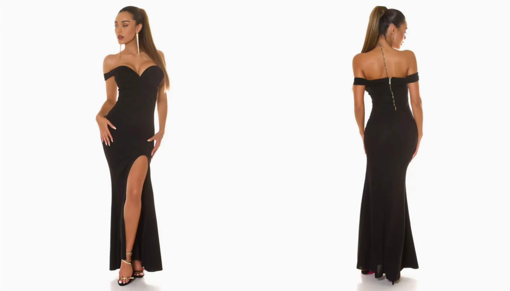 Black long evening dress with bare shoulders
