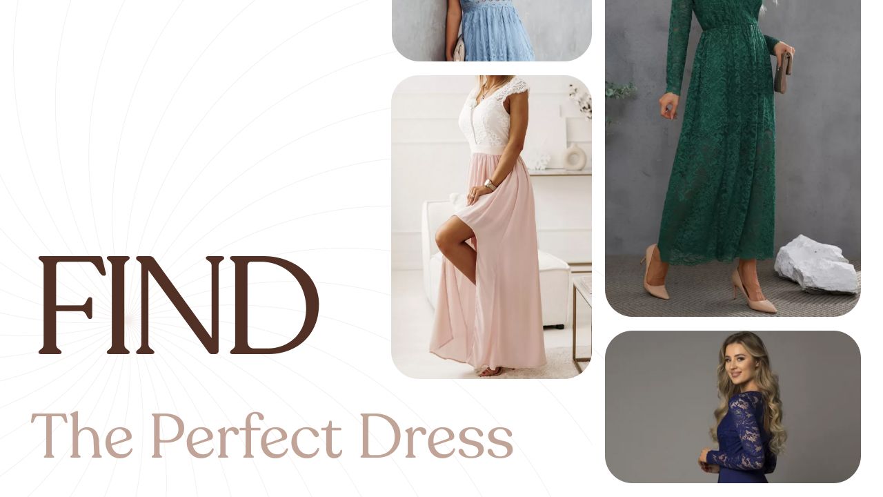 Beautiful long evening dresses, blue, green and baby pink. Cute blonde woman wearing a blue lace dress.