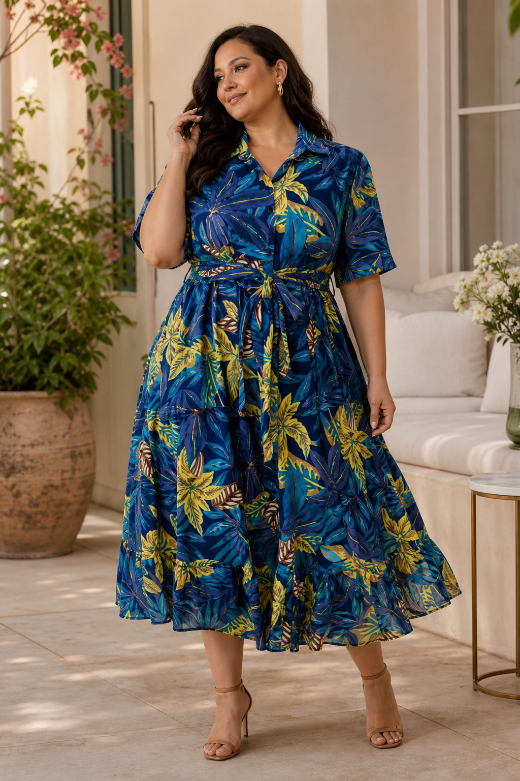 World Fashion tummansininen lehtikuvioinen pitkä paitamekko vyöllä (plus size)