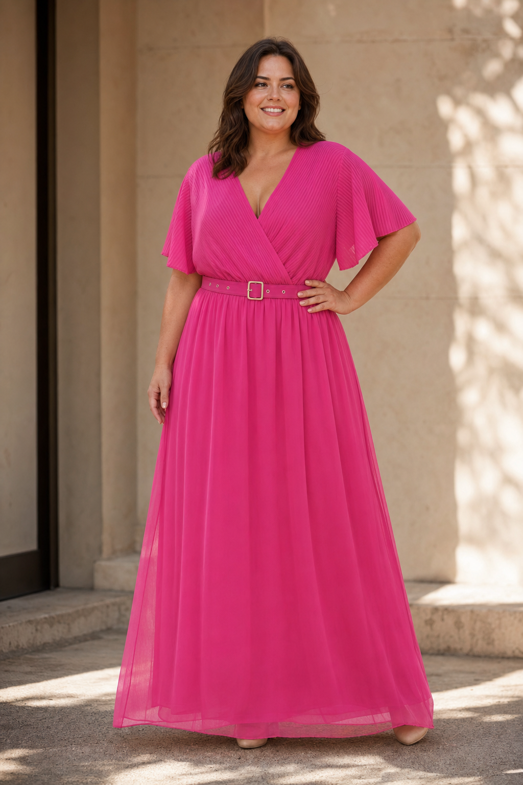 Mily pinkki lyhythihainen pitkä v-mekko vyöllä (plus size)