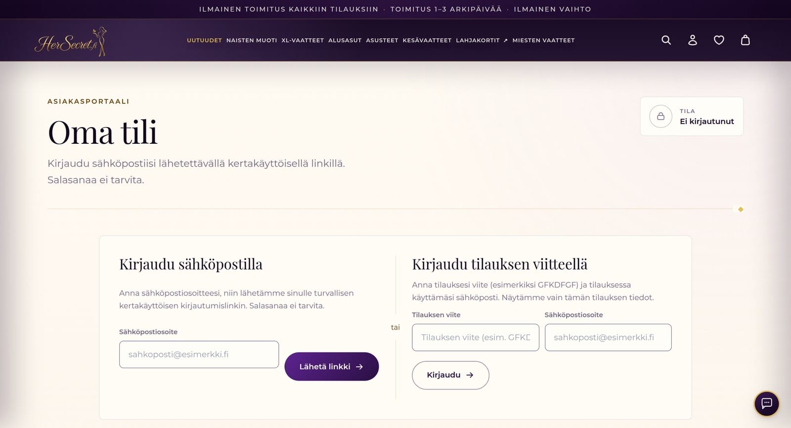 Oma tili -kirjautuminen ilman salasanaa HerSecret.fi:ssä