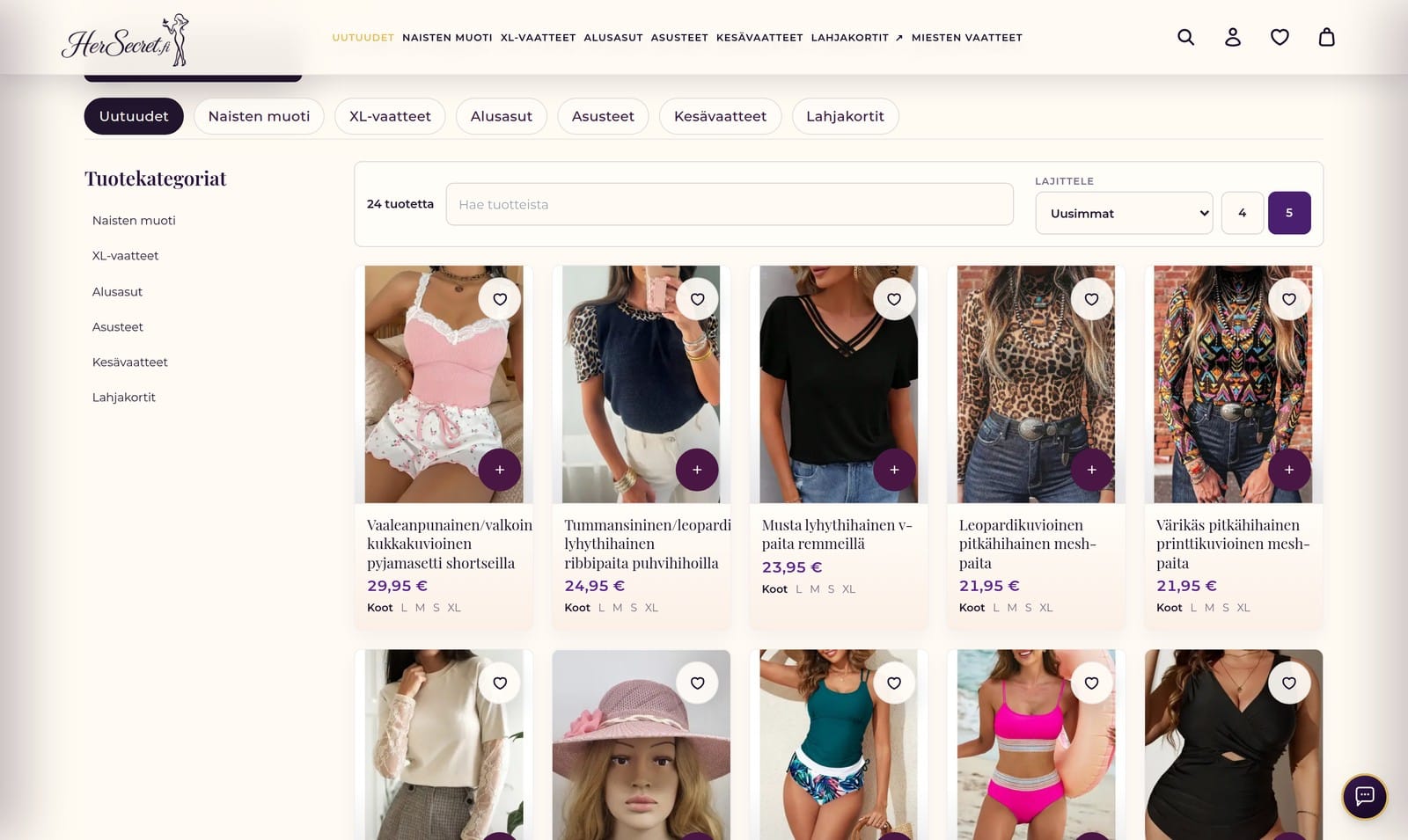 HerSecret.fi:n uusi tuotelistaus, jossa koot näkyvät tuotekortilla