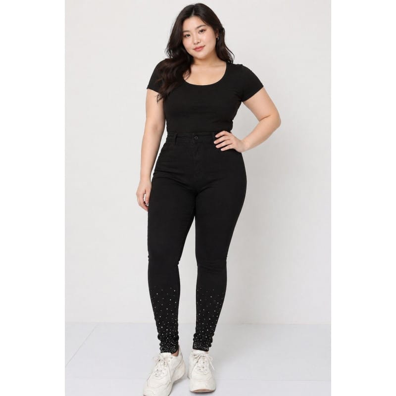 Girl Vivi mustat korkeavyötäröiset farkut strasseilla (plus size)