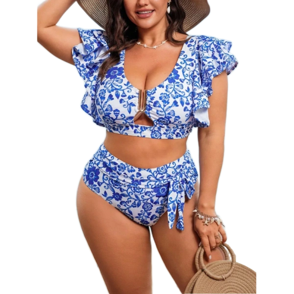 Sinivalkoiset koristeelliset kukkabikinit (plus size)