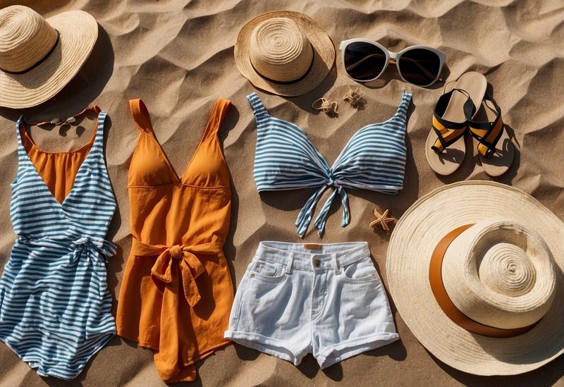 Women's beach outfits laid out on a sandy beach with a variety of swimsuits, cover-ups, sun hats, and sandals. 